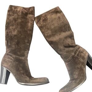 Prada Knee High Heeled Boots Chocolate Brown Suede Leather Size EU 41